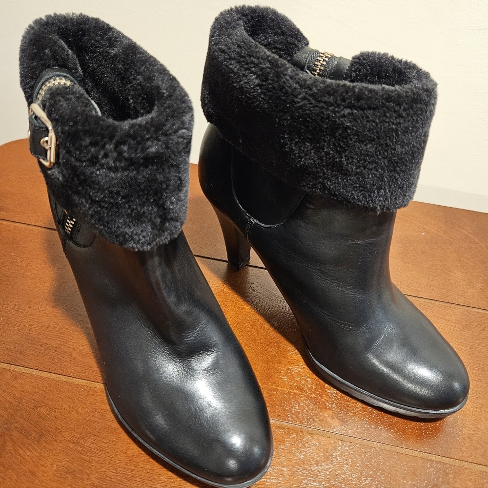 Anne Klein Ankle Boot Leather Heel Faux Shearling Womens 8M Zip Up